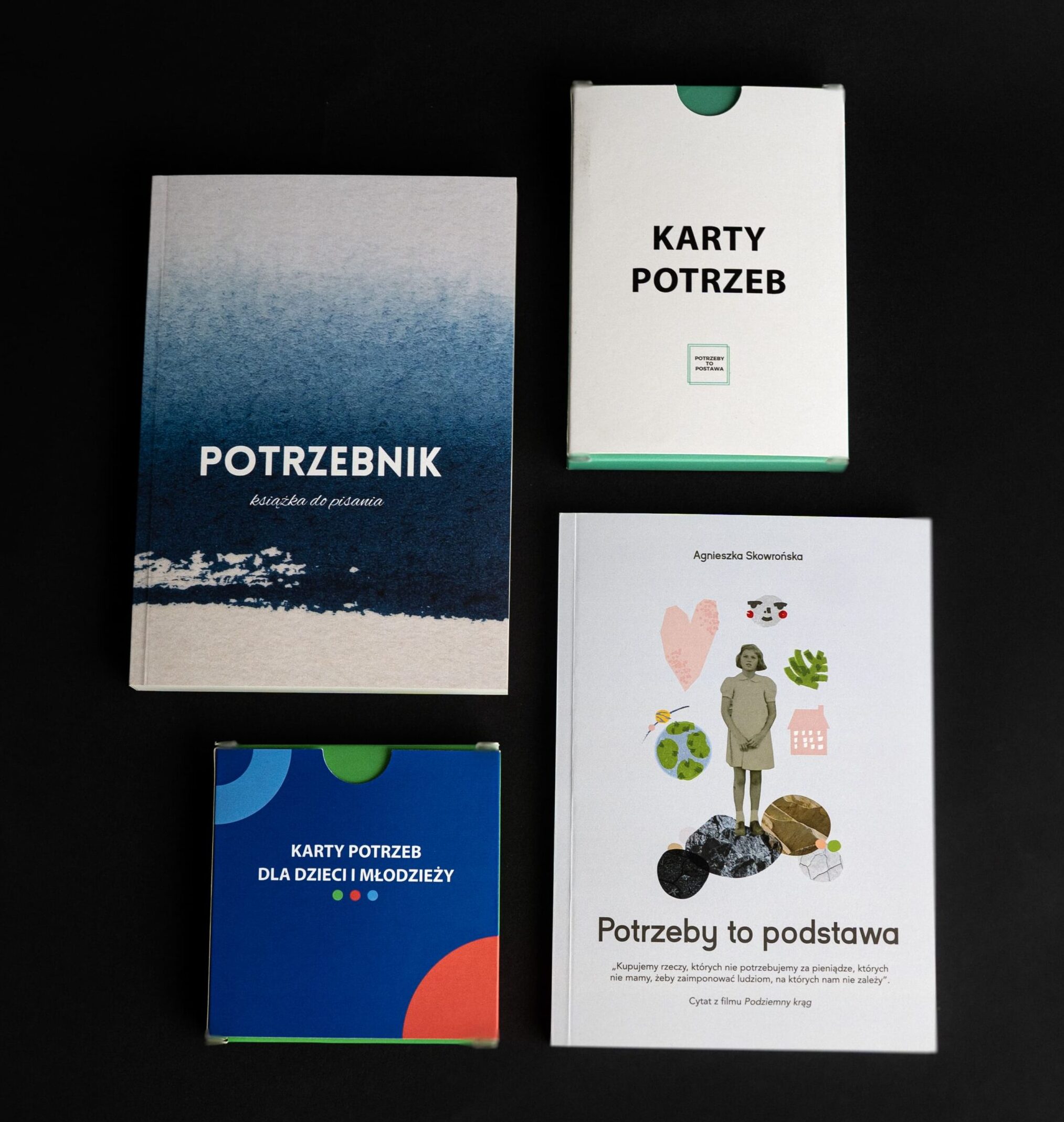 dwie książki o potrzebach oraz dwa rodzaje kart potrzeb